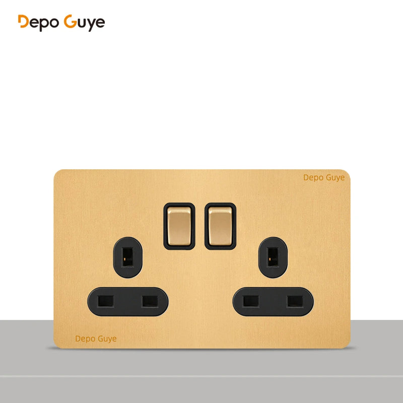 146 Type Retro Metal Panel UK 13A Wall Socket,Bronzed Stainless Steel Power Universal 3-pin Dual Power Socket With USB C charge