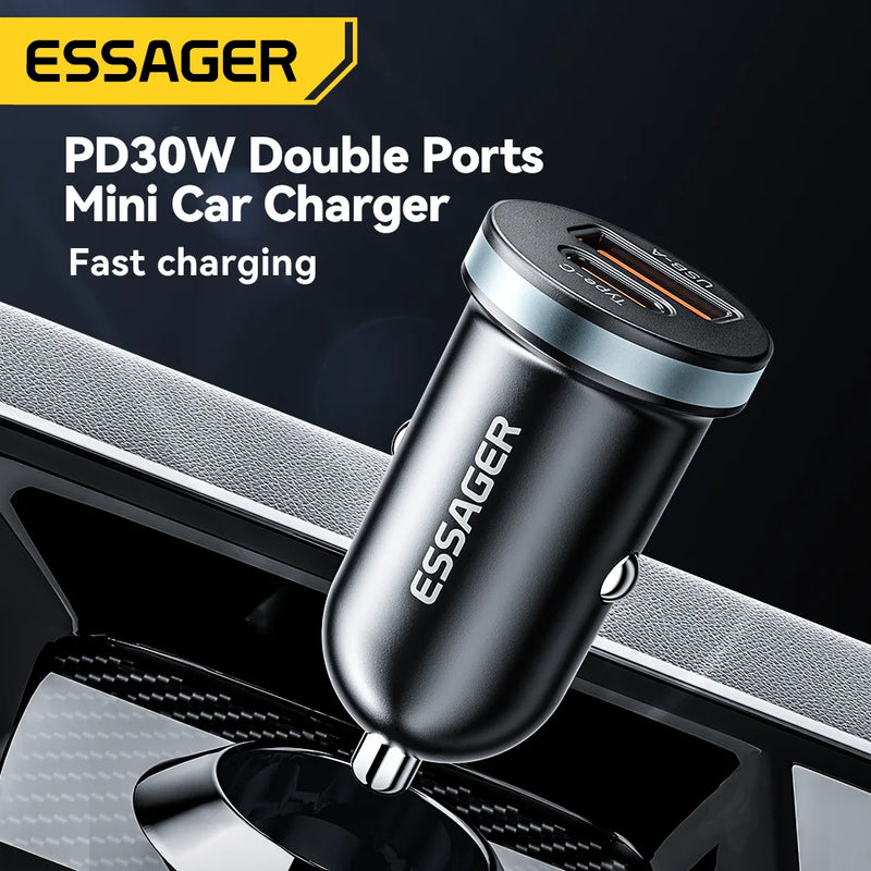 ឆ្នាំងសាករថយន្ត Essager 30W USB C ប្រភេទ C ឆ្នាំងសាករហ័ស PD QC 3.0 SCP 5A សាកថ្មលឿនសម្រាប់ទូរស័ព្ទ iPhone Xiaomi Samsung