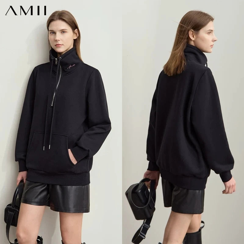 AMII Minimalism Women's Turtleneck Sweatshirts Casual Zipper Letter Embroidery 2026 Winter New Commuter Fleece Hoodies 12444129