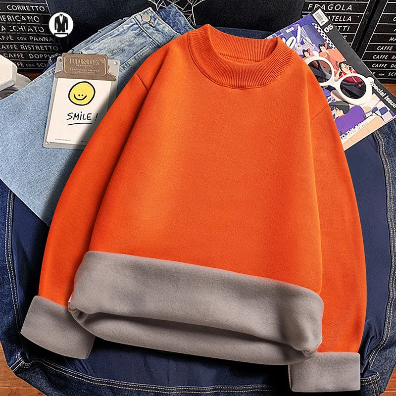 Male Everyday Wear Knitted Pullover Mock Collar Thick Fleece Lining Long Sleeve Warm Sweater For Chilly Weather