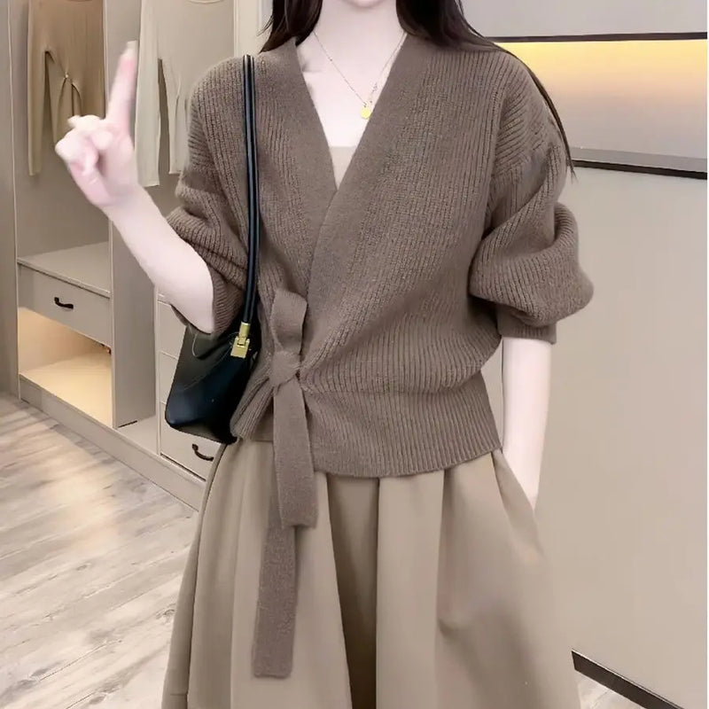 Korean Thin Sweater Outerwear Top Autumn and Winter French V-neck Lace Up Fashion Knitted Cardigan Women Slim Jumper