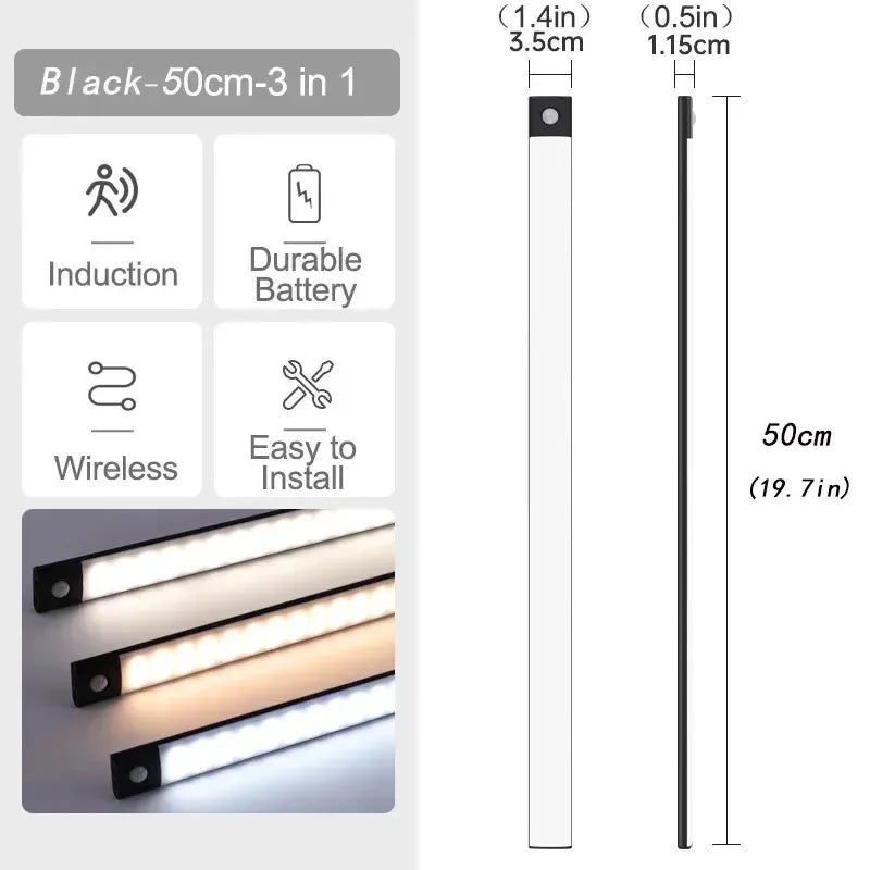 ភ្លើងក្រោមទូ LED ឧបករណ៍ចាប់សញ្ញាចលនា ភ្លើងពេលយប់ ចង្កៀងស្តើងអាចសាកបាន អាចបន្ថយពន្លឺបាន ចង្កៀងទូផ្ទះបាយ បន្ទប់គេង ភ្លើងបំភ្លឺទូខោអាវ
