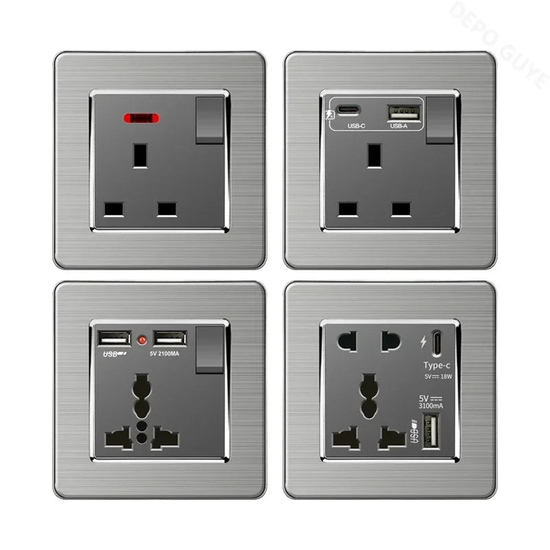 Universal Wall Light Switch Brushed Stainless steel Panel,UK Type-c 18W Quick Charging Socket 220V Double USB Electrical Outlet