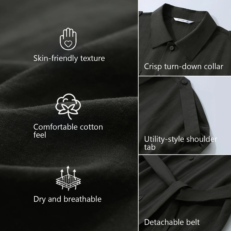 Amii Women's Dress 2026 Summer New Lapel Collar Belted Dolman Sleeve Loose Fit Cotton Office Shift Mini Dress For Women 12642204