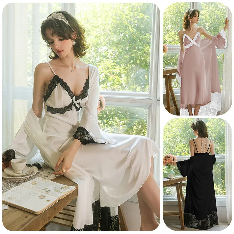 Fashion Satin Suspender Night Dress Sexy Lingerie Sleeping Set Sleepwear Women's Pajamas And Robes Nightwear For Woman Suit