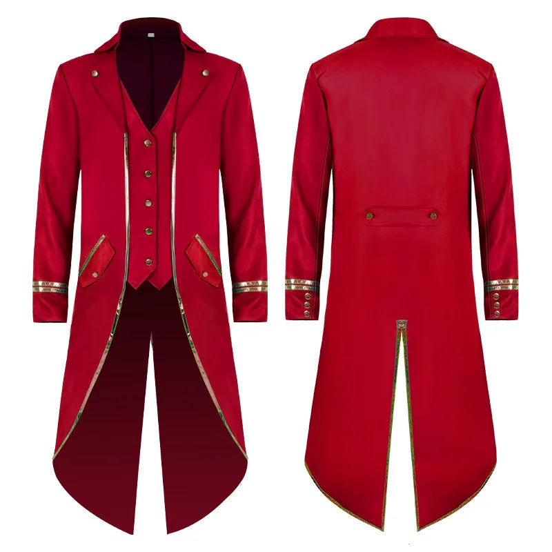 2026 Medieval Style Thin Men's Retro Mid-Length Punk Coat with Gold Trim Trench for Halloween Cosplay in Red Green Purple Jacket