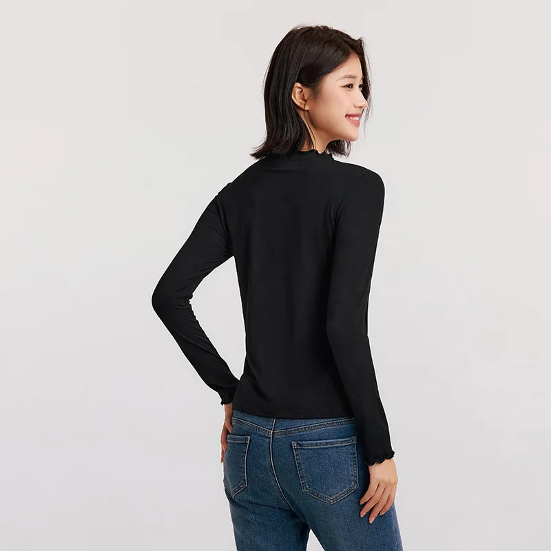 Semir Women Tshirt Thermal Warmth Antibacterial Fabric Slim Fit Solid Color Everyday Style Ruffle Detail Layering Essential
