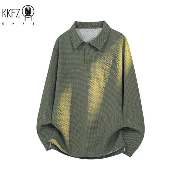 Male Trendy Textured Polo Shirt Lapel Collar Half Button Cropped Silhouette For Short Trip Social Gathering And Street Wear