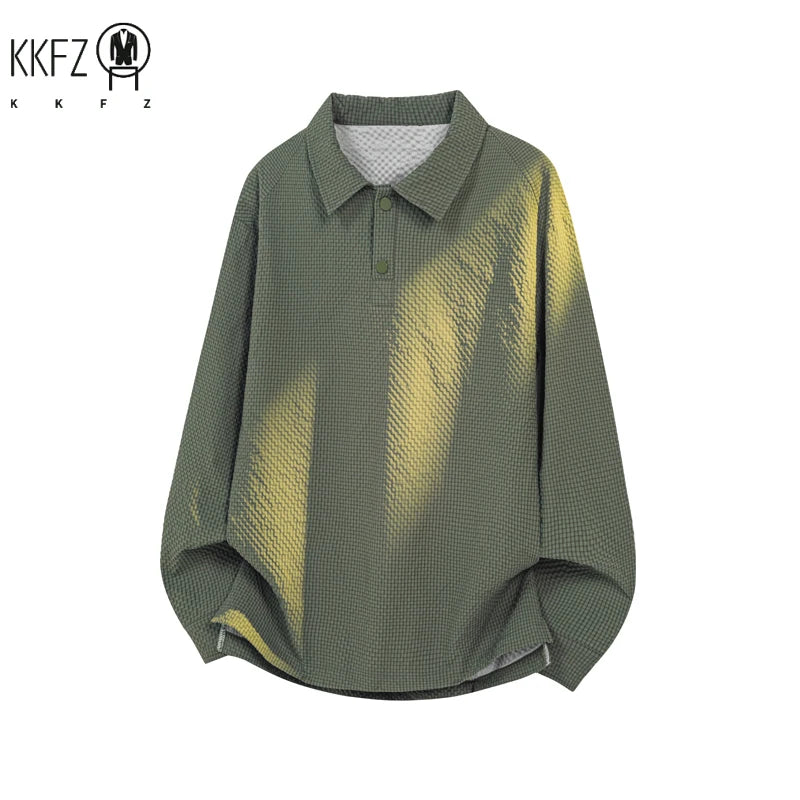 Male Trendy Textured Polo Shirt Lapel Collar Half Button Cropped Silhouette For Short Trip Social Gathering And Street Wear