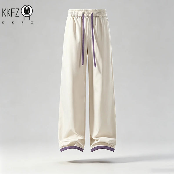 Relaxed Fit Mens Straight Pants Elastic Waistband Contrast Drawstring Detail Smooth Fabric Casual Bottoms For Short Travel