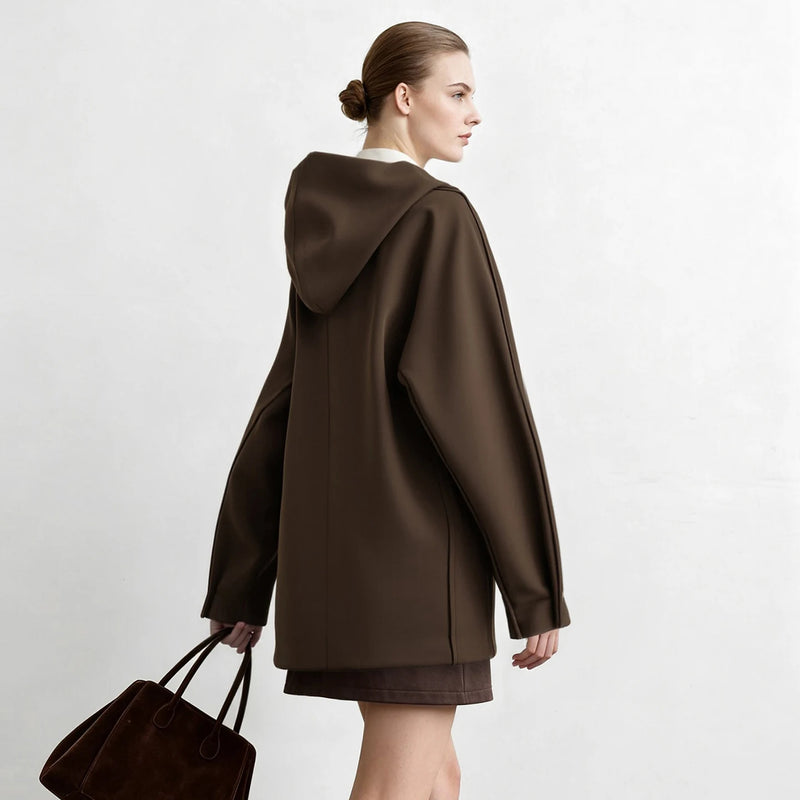 Amii Mid-Length Zip Up Hooded Loose Fit Drop Shoulder Minimalist Casual Commuter Winter 2026 Women's Knit Jacket 12654002