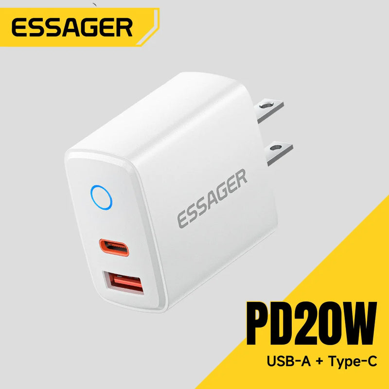 ឆ្នាំងសាកចល័ត Essager PD 20W សាកលឿនសម្រាប់ iPhone16 15 14 13 12 11 Pro Max USB Type C PD សាកលឿន ឆ្នាំងសាកទូរស័ព្ទ USB C