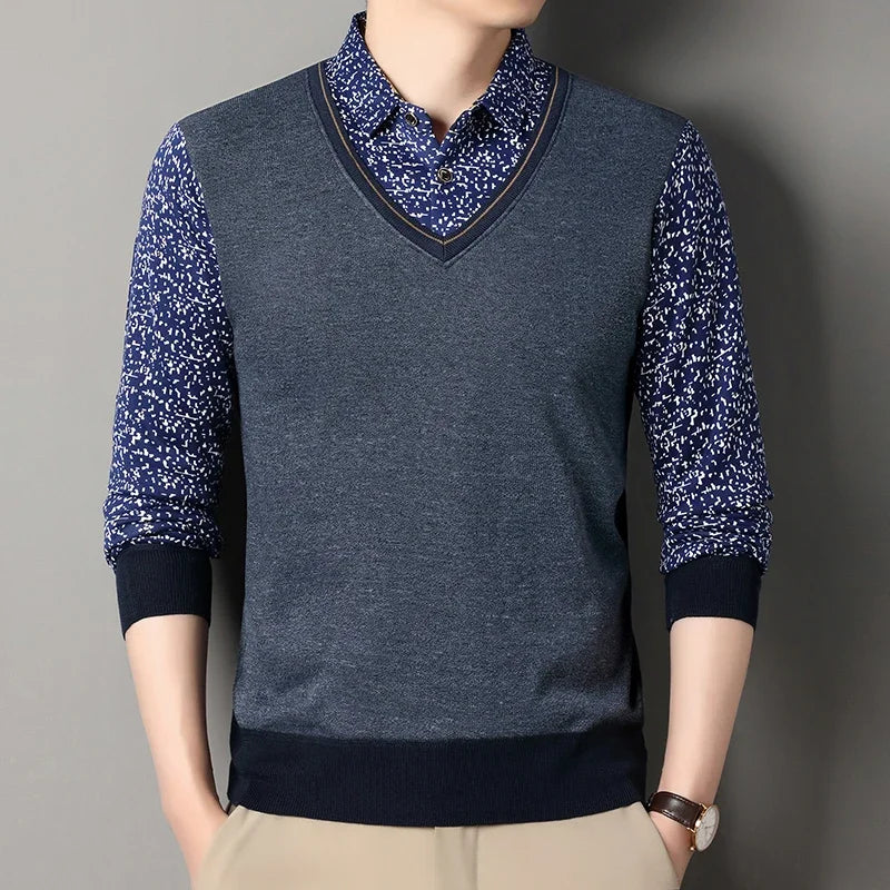 Men Thermal Knit Sweatshirt Faux Layered Style Printed Lapel Collar Fleece Inside Leisure Long Sleeve Pullover