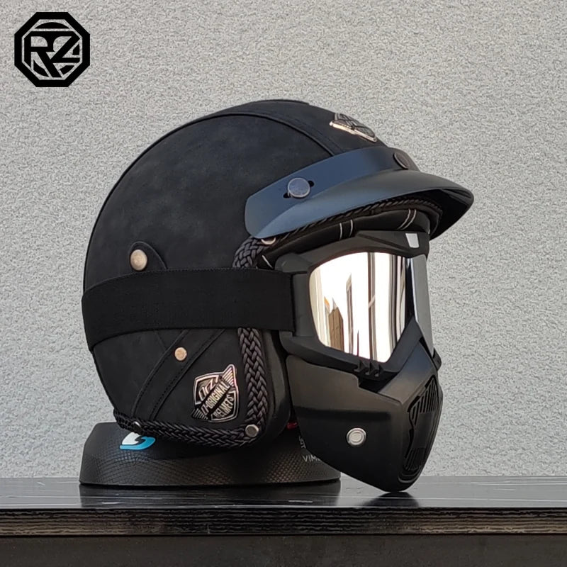 PU leather retro coffee shop racing 3/4 jet exposed motorcycle helmet, adult men's and women's cruiser scooter half helmet