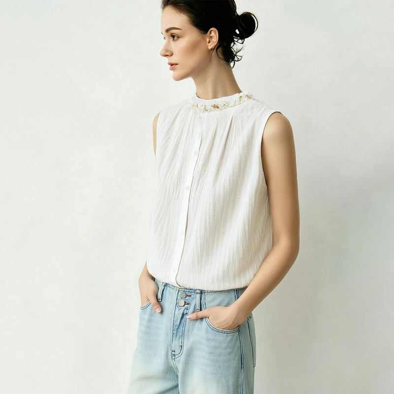 Amii Women's Shirt 2026 Summer Beaded Trim Acetate Sequin Ribbon Sleeveless Top Loose Elegant Office Women's Clothing 12622180