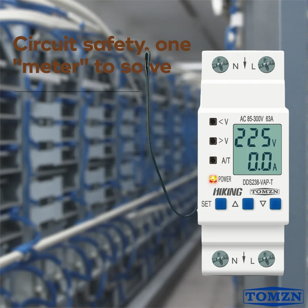 TOMZN Rail-Mount Adjustable Over/Under Voltage Protector With Current/Temperature Limit Protection, Voltage/Current/kWh Metering