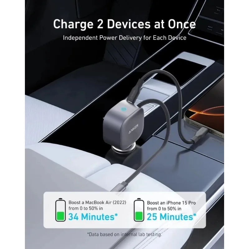 ឆ្នាំងសាករថយន្ត Anker A2738 Nano 75W USB-C ខ្សែ Type-C ដែលអាចដកថយបាន PD Fast Car Adapter សម្រាប់ iPhone Samsung MacBook Laptop