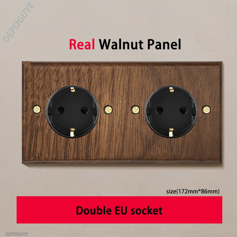Black Retro Walnut Wall Toggle Switch Panel 1-4Gang 2Way Solid Wood Double EU/FR Socket Universal Usb C Electrical Power Outlet