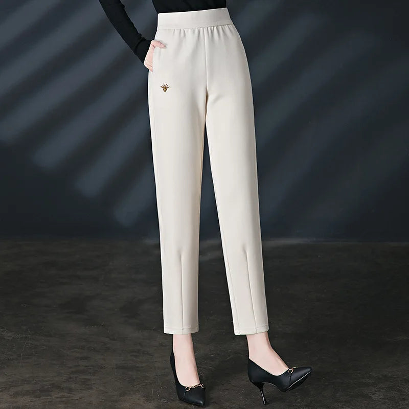 Women's Red High-waisted Harem Pants, Black Elastic Waist Casual Pant, Beige Girls' Embroidered Stretch Trousers. Asian Sizes