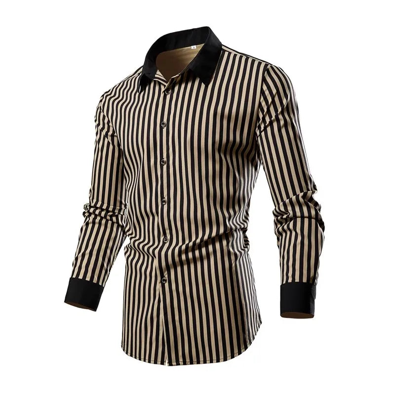 2026 Men's Classic Vertical Stripe Long Sleeve Shirt, Single Breasted Lapel Shirts, White Red Khaki Available, European Size