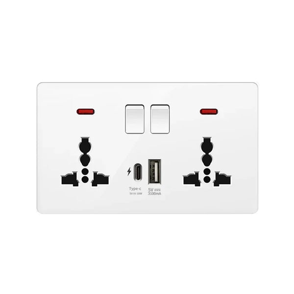 រន្ធដោតជញ្ជាំងប្រភេទ USB ពណ៌ស 18W ប្រភេទ C សាកថ្មលឿន, ឌុយដោតជញ្ជាំងជាមួយ USB, រន្ធដោតថាមពល 5 ម្ជុលពីរជាសកល