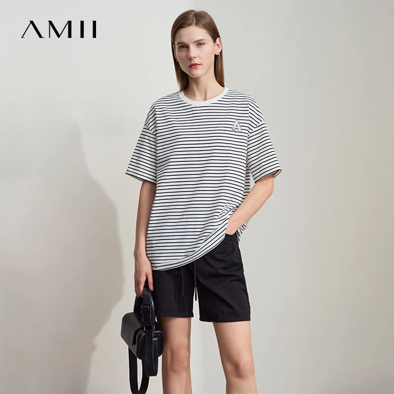 Amii 2026 Minimalist T-shirt Women Loose Elastic Striped Pure Cotton Dropped Shoulder Short Sleeves Printed Casual Tee 12522002