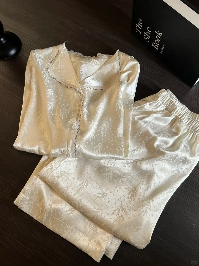 Ice Silk Women's Home Clothes Thin Two Piece Loungewear Spring Autumn Long Sleeve Sleepwear Nightwear Pijamas for Lady Pyjamas