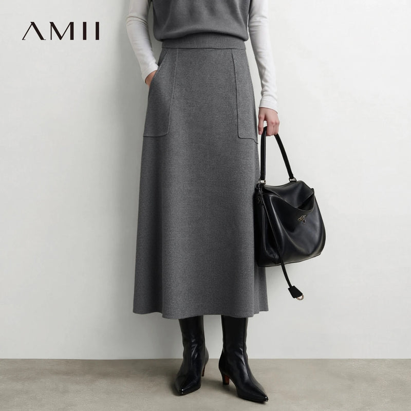 Amii Minimalist Woman A-Line Skirts Autumn Fashion Office Lady Elegant Loose Midi Knit Skirt Outfit Women's Clothing 12623124