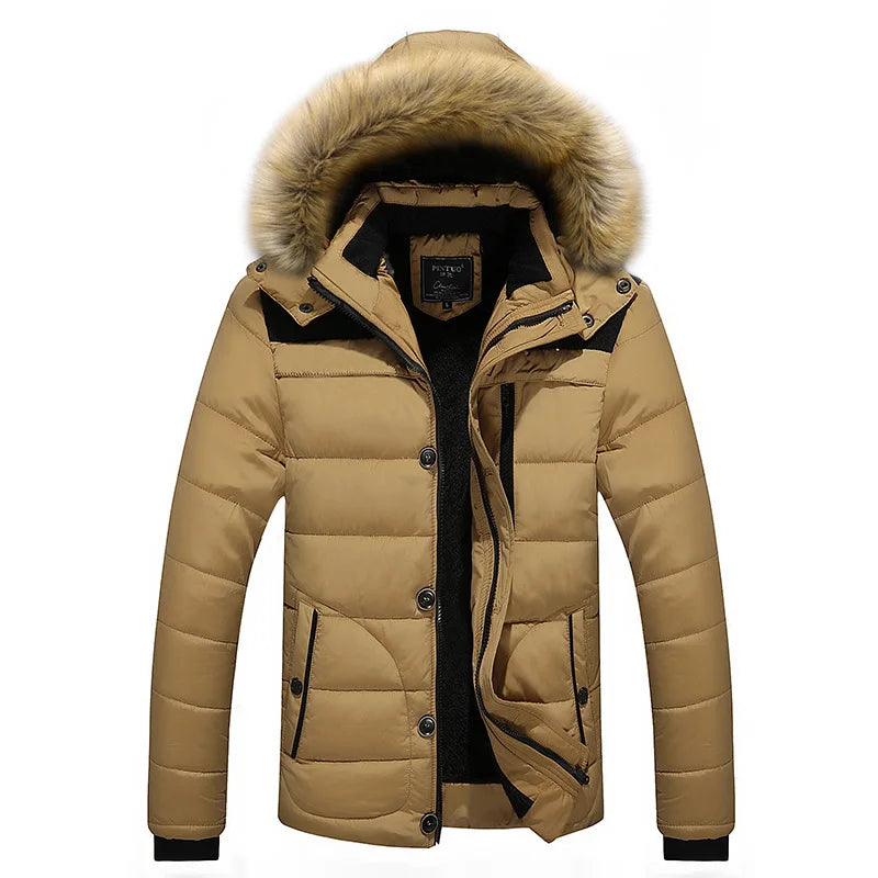 Men's Winter Black Hooded Parkas Jacket, Fake Fur Collar Thick Coats, Fashion Warm Outerwear Male Overcoat Blue Red Jaqueta