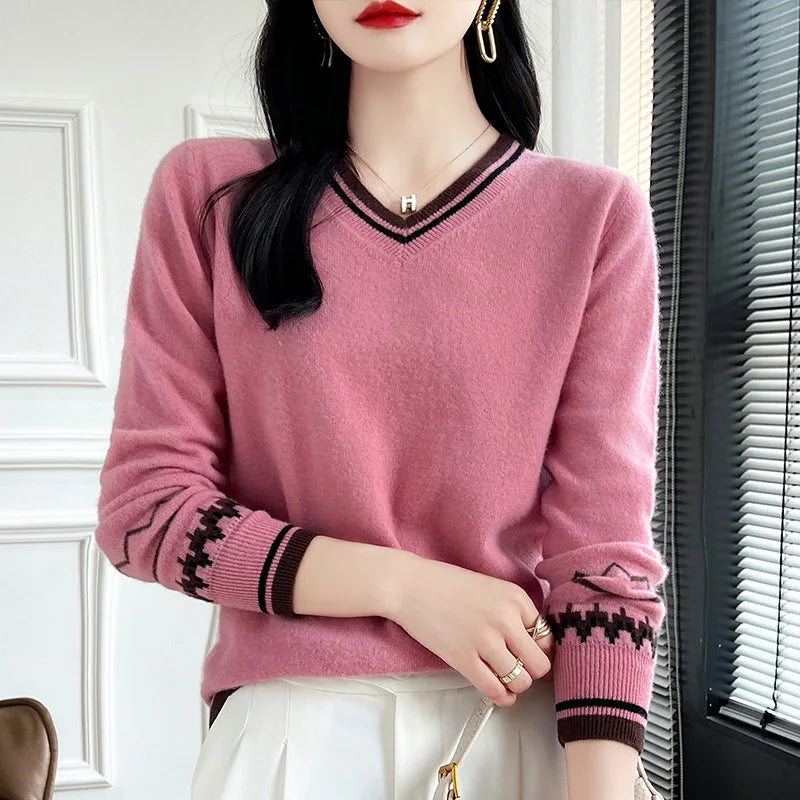 Fashion Hot Sweater Women Spring Autumn Outerwear Jumper Woolen Long Sleeve V Neck Tops Female Knitting Pullover Blouse