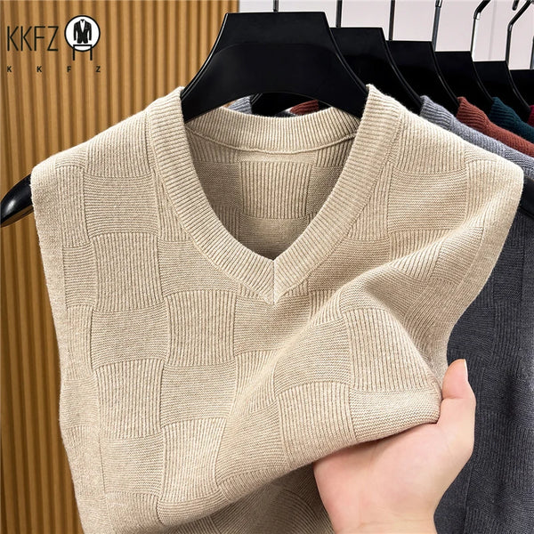 Fall Mens V Neck Jacquard Knitted Waistcoat Sleeveless Sweater Vest Comfort Textured Knit Top For Business Daily Outfit