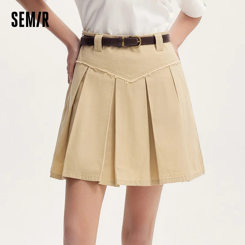 Semir Women's Salt & Sweet Style A-Line Mini Skirt Summer Edgy Raw Hem Pleated Retro Skirt with Belt