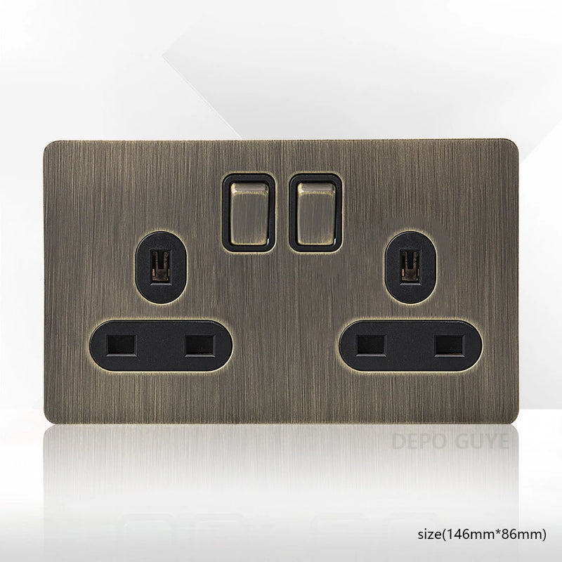 Retro Metal Brushed Antique Stainless Steel Push Button Switch Panel UK 13A Socket with USB Phone Charging for Home Improvement