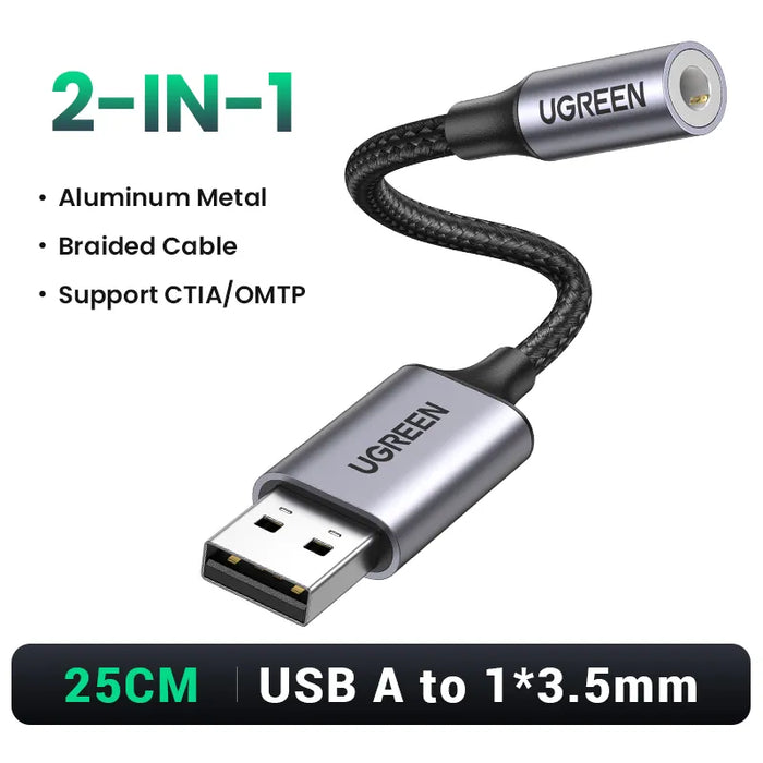 UGREEN Sound Card External 3.5mm USB Adapter USB to Headphone Speaker Audio Interface for PC Computer PS4 Headset USB Sound Card 2-in-1 with Cable CHINA