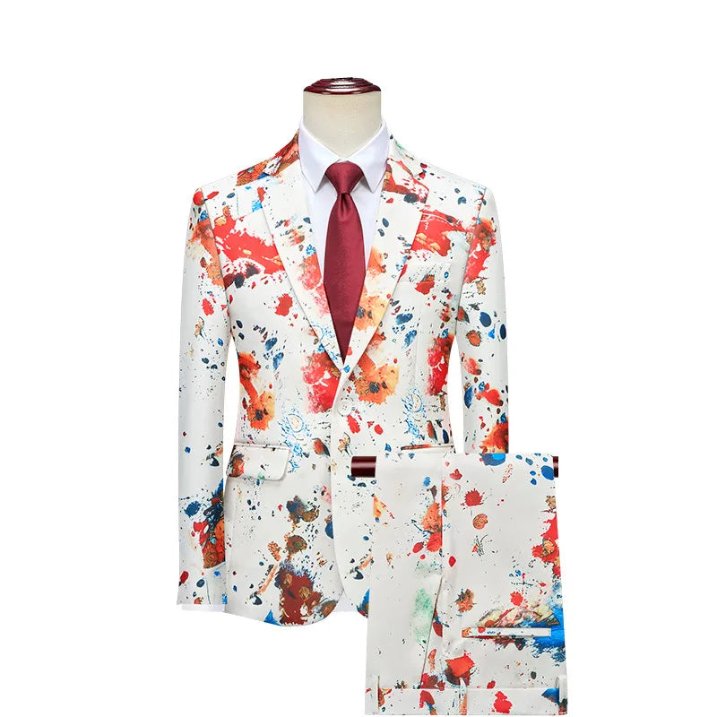 2026 New Men's Blue Printed Suit Set -Vibrant Blue&Colorful Print,Asian Sizes Two-Piece,Casual & Stylish Outfit for Daily Wear‌