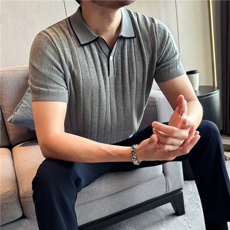 Men's Polo Shirt, Lyocell Linen Blend, Striped V-Neck Short Sleeve, Knitted T-Shirt, Casual Wear Premium Quality, Summer Fashion