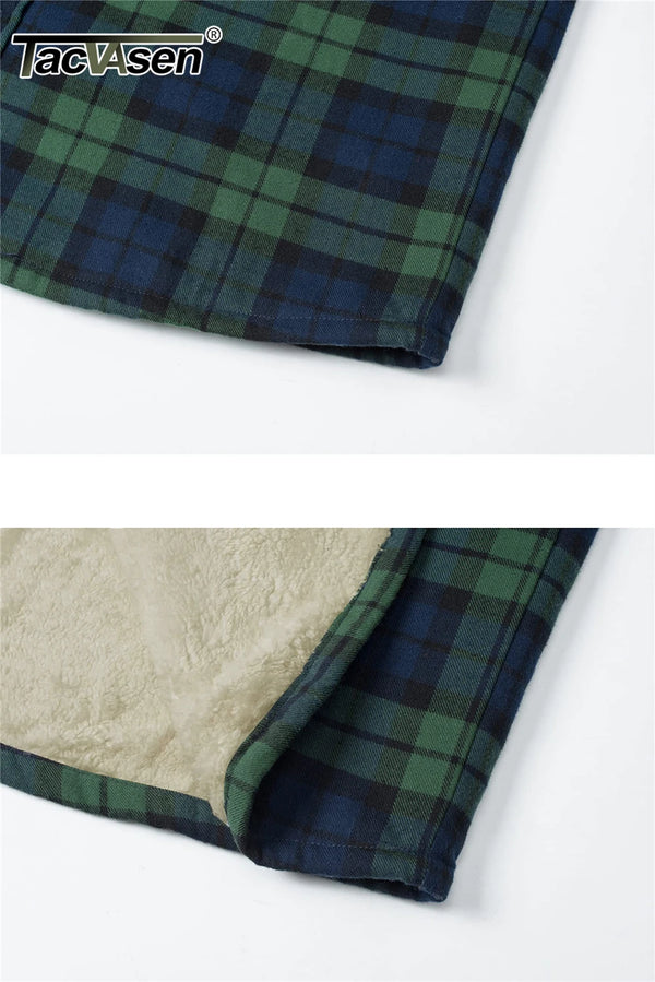TACVASEN Fleece Lining Jackets Mens Flannel Cotton Jackets Plaid Casual Button Down Cargo Work Coats Thicken Outwear Man Tops