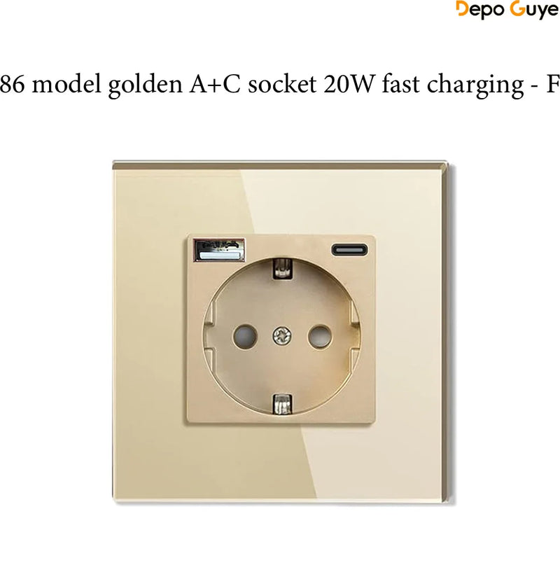 EU Standard 86x86mm Tempered Glass Wall Socket 16A Power Outlet with 5V 2A USB Type C or Dual USB for Home Hotel Office