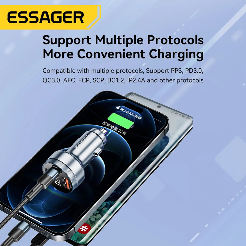 ឆ្នាំងសាករថយន្ត Essager 80W USB Type C PD សាកថ្មលឿនសម្រាប់ទូរស័ព្ទ iPhone 14 13 Huawei Xiaomi Samsung iPad កុំព្យូទ័រយួរដៃថេប្លេត
