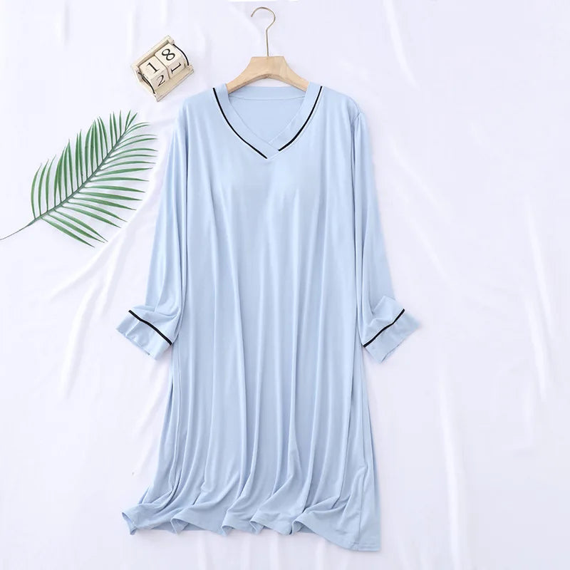 New Comfortable Modal Nightgowns Women Chest Pad Long-Sleeved Nightdress Spring Sleeping Dress Casual V Neck Ladies Nightshirt