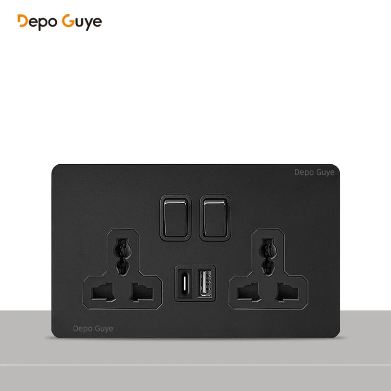 146 Type Retro Metal Panel UK 13A Wall Socket,Bronzed Stainless Steel Power Universal 3-pin Dual Power Socket With USB C charge