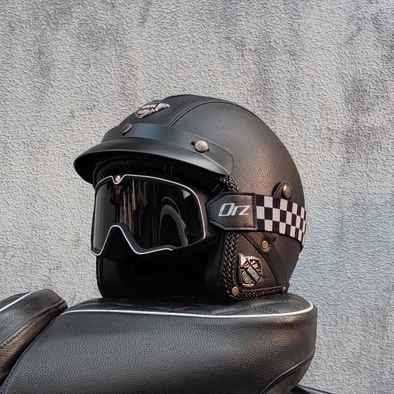 Motorcycle retro helmet PU leather 3/4 scooter half helmet couple helmet DOT approved M-XXL