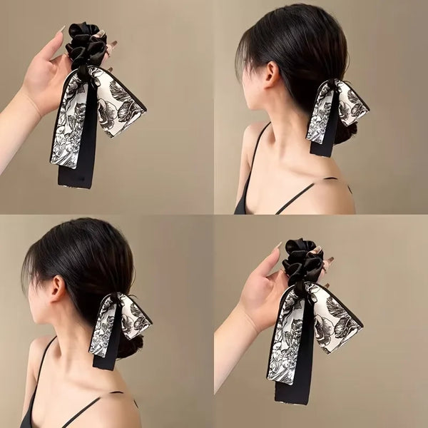 Black Velvet Retro Art Black White Printed Long Ribbon Hairband Bow Shaped Women Curling Elegant Fashion Versatile Decorative