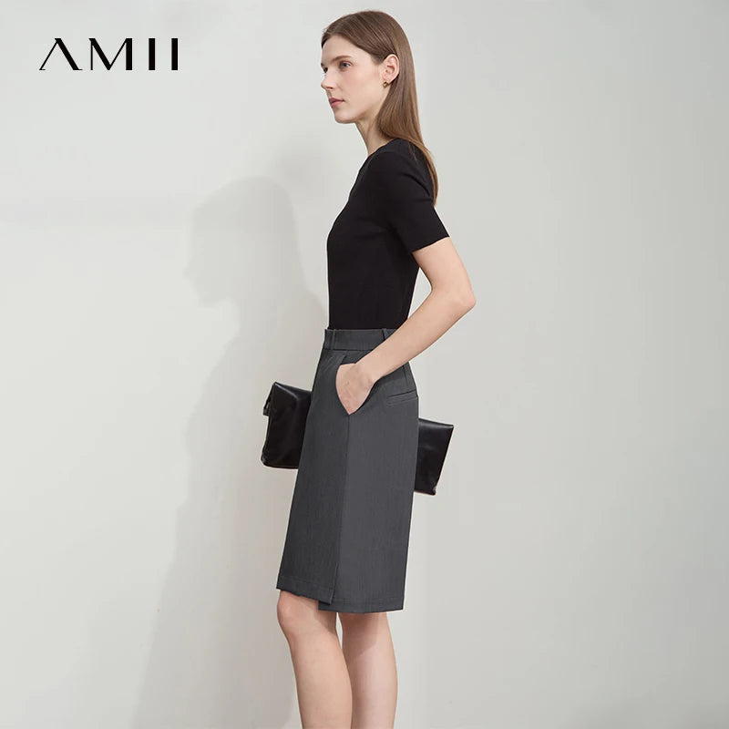 Amii Minimalist Straight Shorts for Women 2026 Summer Solid Commute Suit Shorts Pocket Loose Casual Five-point Pants 12512015