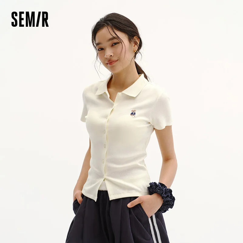 Semir Women Polo Shirt Puppy Embroidery Slim Straight Shoulder Summer 2026 Minimal Cardigan Style Casual Fashion Top