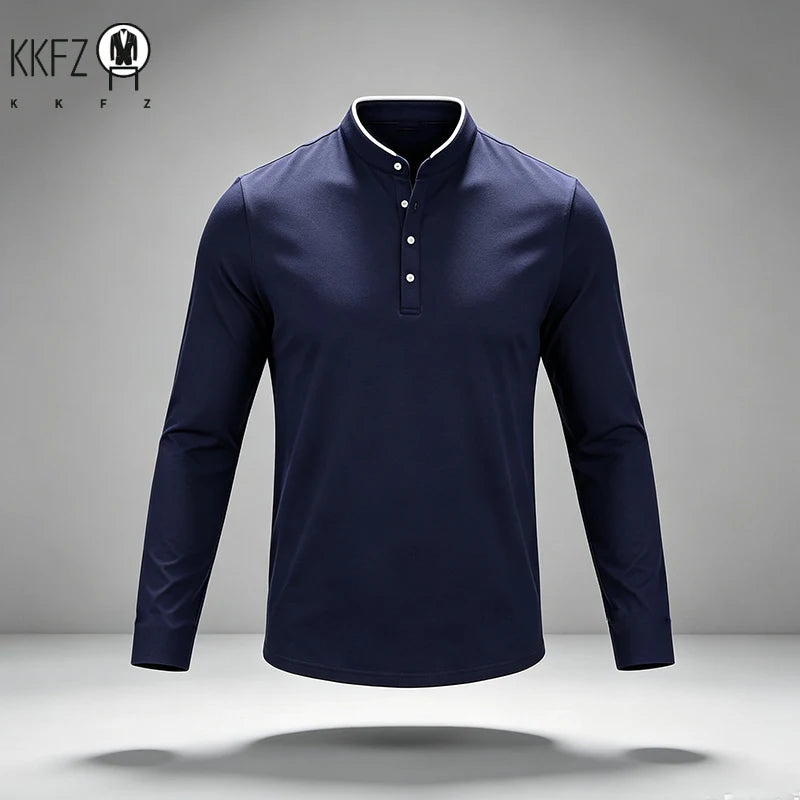 Slim Cut Stand Collar Long Sleeve Polo For Males Button Placket Neck Trim Detail Soft Fabric Business Streetwear Apparel