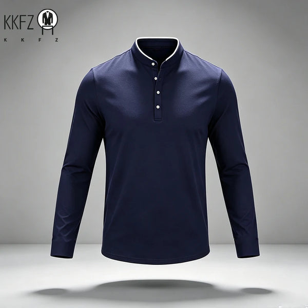 Mens Basic Mandarin Collar Long Sleeve Polo Top Button Design Contrast Neckline For Vacation Short Trip Leisure Scenarios
