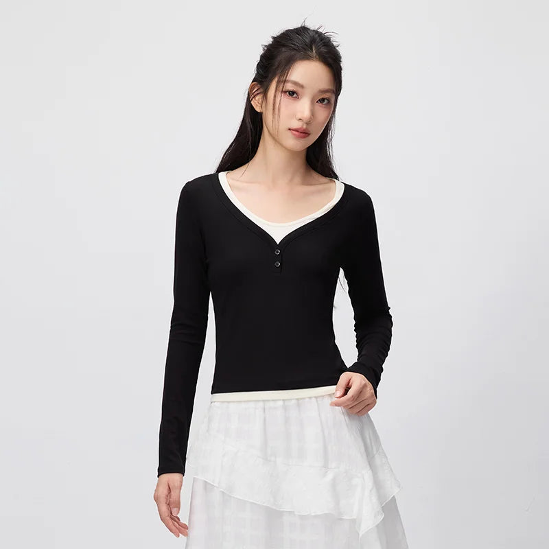 Semir Women Tshirt Long Sleeve Short Contrast U Neck Faux Two Piece Slim Tight Casual Autumn Top Daily Wear 2026