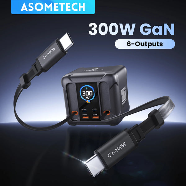ឆ្នាំងសាក GaN 300W ជាមួយខ្សែប្រភេទ C ដែលអាចដកថយបាន ស្ថានីយសាកថ្មលឿន 100W PPS PD 3.0 សម្រាប់ iPhone MacBook Samsung