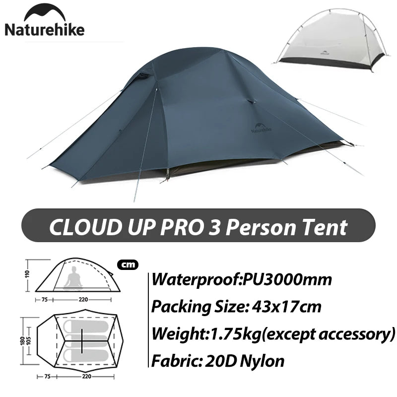 Naturehike 2025 New 3-Person 20D Cloud Up Pro Lightweight Portable Waterproof Backpacking Tent Outdoor Hiking and Camping Tent
